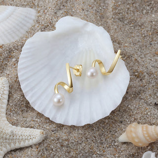 Wave Freshwater Pearl Örhängen 925 Silver 18K Guldpläterad