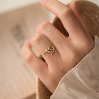 Champagne Zirconia Leaf Ring 925 Silver 18K Guldpläterad