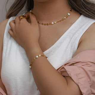 Sunburst Ferskvandsperle Halskedja + Armband Smyckesset 18K Guldpläterat