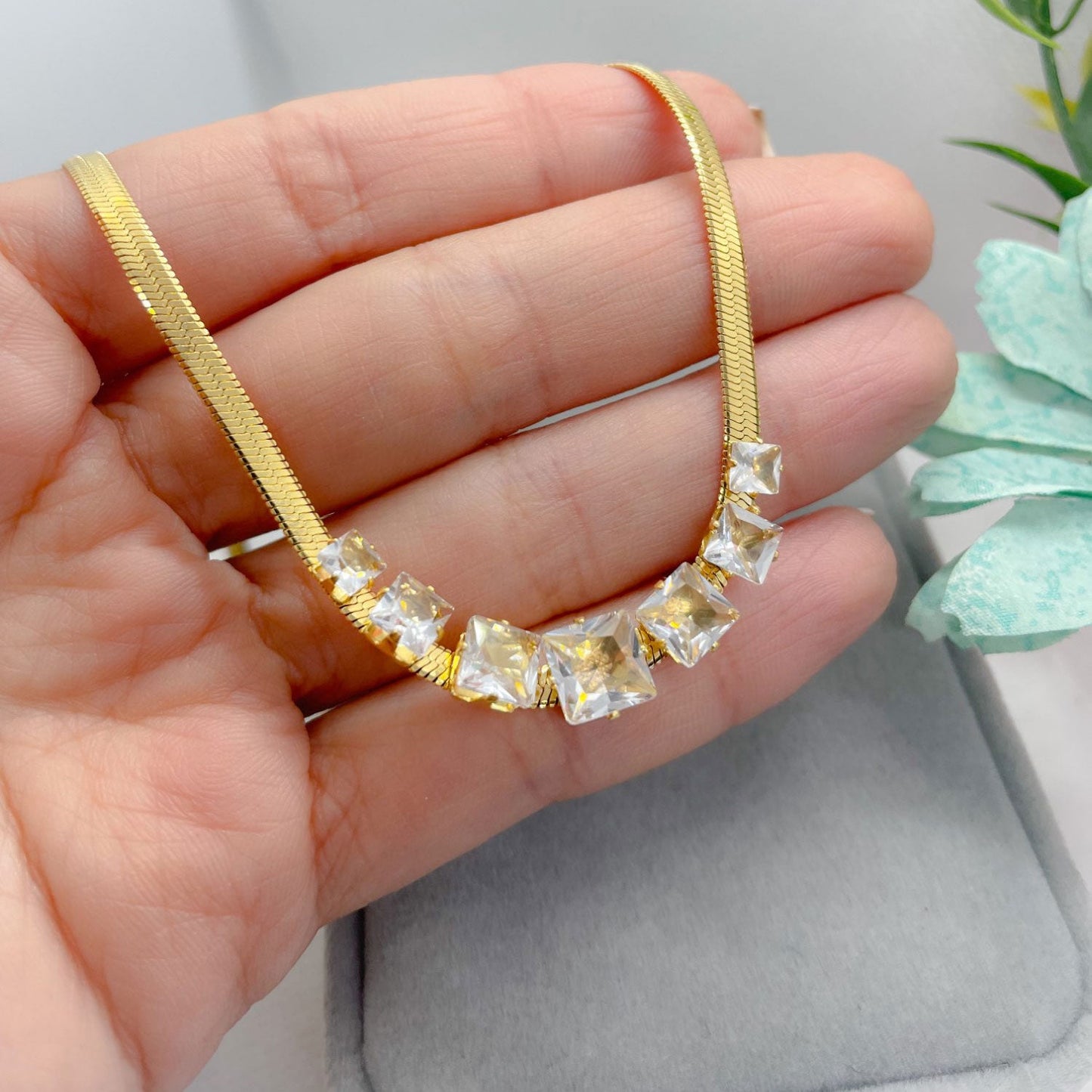 Flat Snake Choker Square White Zirconia 18K Guldpläterad 2mm