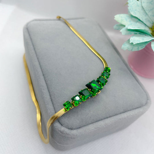 Flat Snake Choker Square Green Zirconia 18K Guldpläterad 2mm