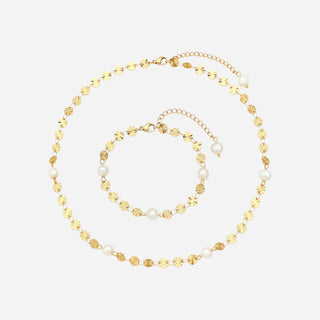 Sunburst Ferskvandsperle Halsband + Armband Smyckesset 18K Guldpläterat