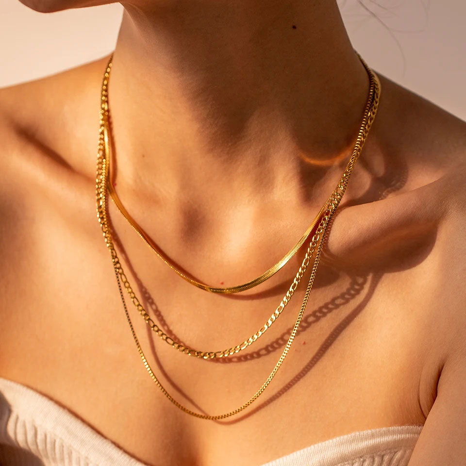 Snake+ Figaro + Box Choker Smyckesset 18K Guldpläterad