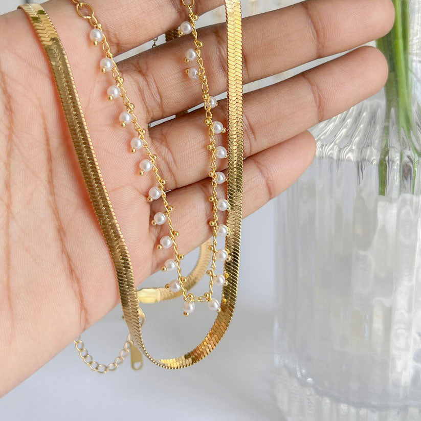 Flat Snake Choker + Pearl Smyckesset 18K Guldpläterad