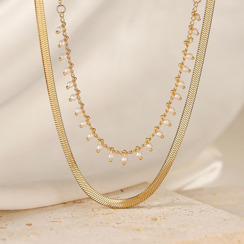 Flat Snake Choker + Pearl Smyckesset 18K Guldpläterad