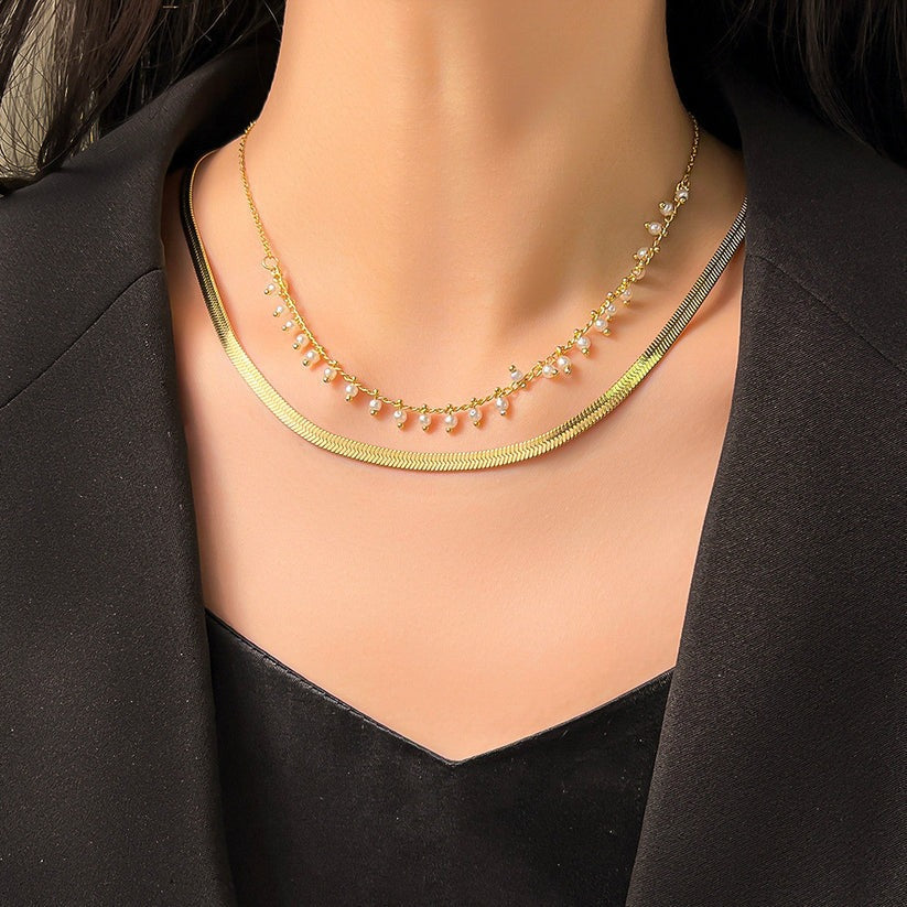 Flat Snake Choker + Pearl Smyckesset 18K Guldpläterad