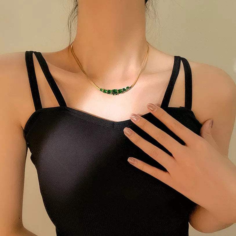 Flat Snake Choker Square Green Zirconia 18K Guldpläterad 2mm