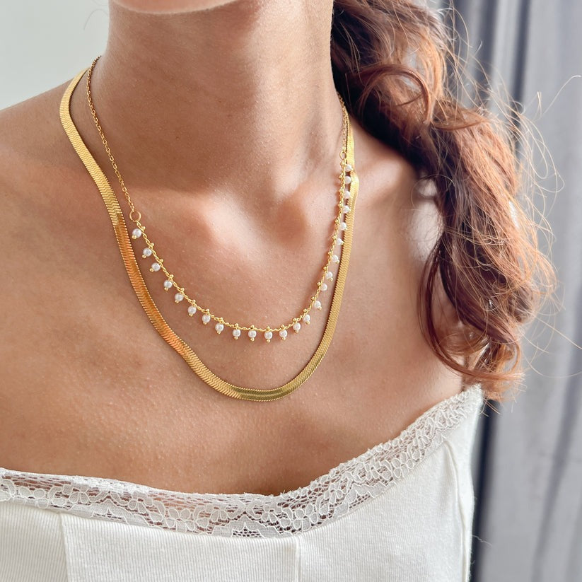 Flat Snake Choker + Pearl Smyckesset 18K Guldpläterad