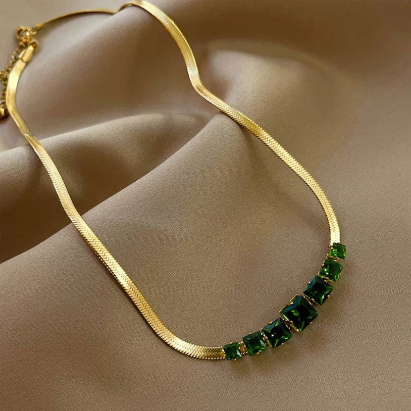 Flat Snake Choker Square Green Zirconia 18K Guldpläterad 2mm