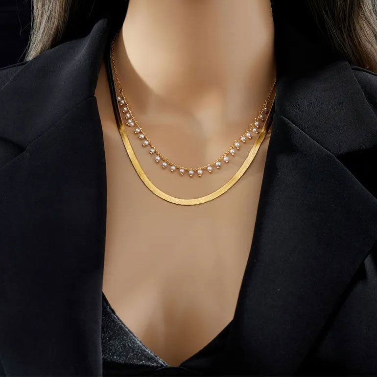 Flat Snake Choker + Pearl Smyckesset 18K Guldpläterad