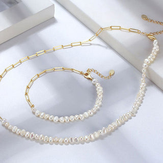 Freshwater Pearl Chain Armband 925 Silver 18K Guldpläterat