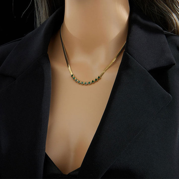 Flat Snake Choker Round Green Zirconia 18K Guldpläterad 3mm