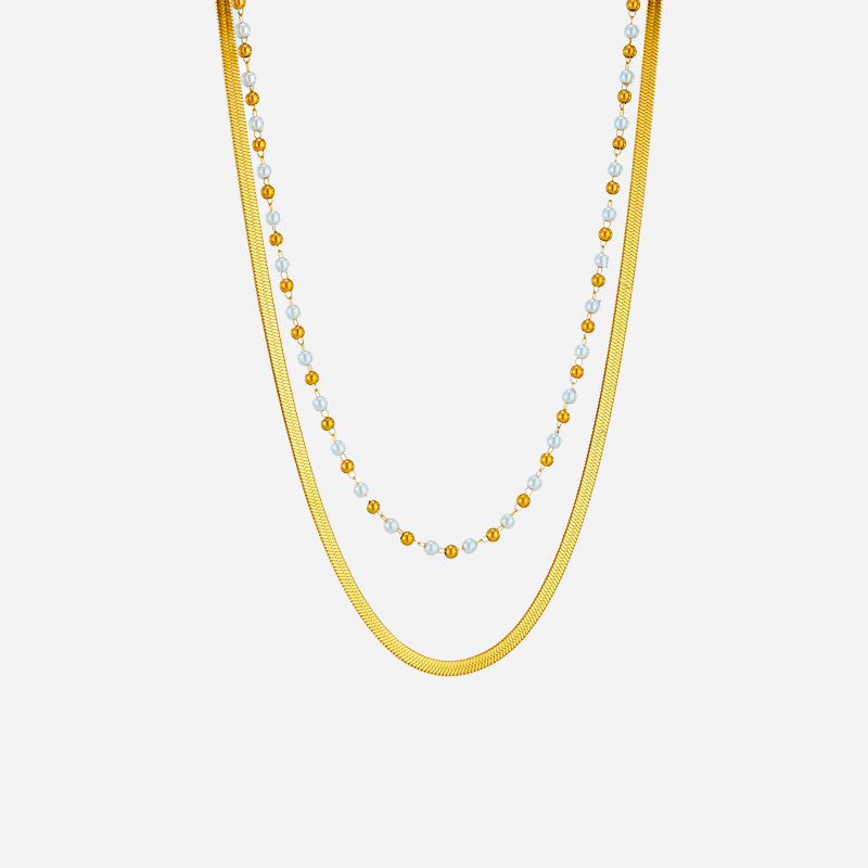 Flat Snake Choker + Beaded Pearl Smyckesset 18K Guldpläterad