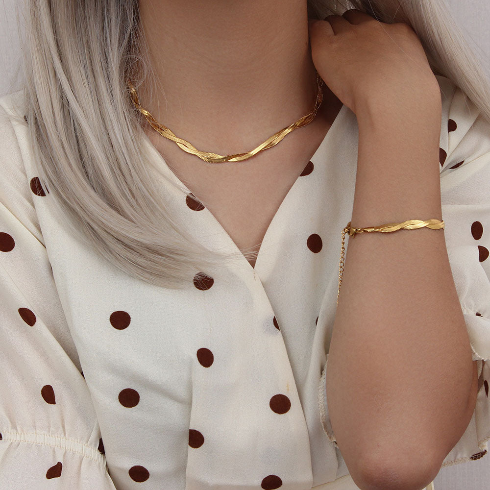 Twisted Flat Snake Choker + Armband Smyckesset 18K Guldpläterad