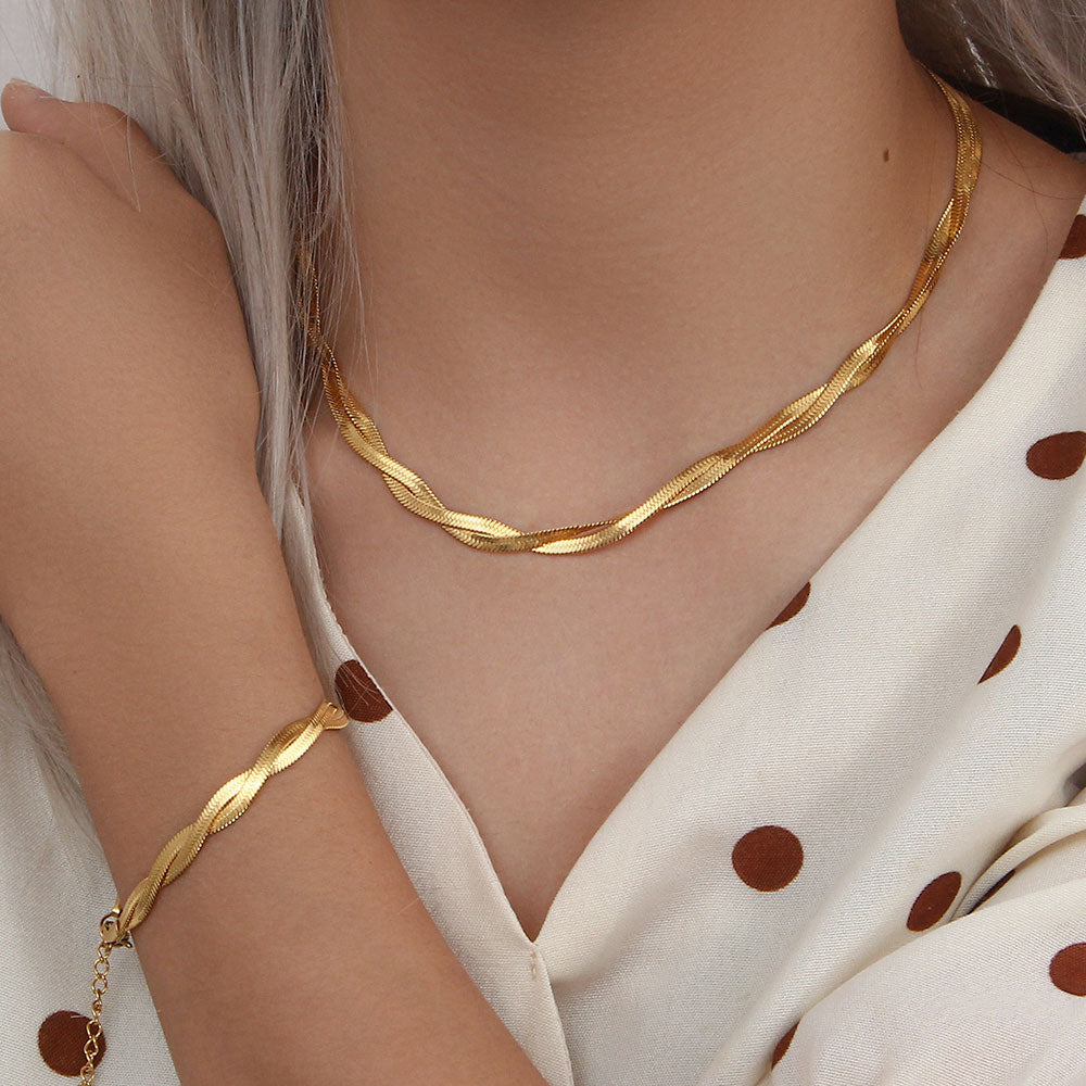 Twisted Flat Snake Choker + Armband Smyckesset 18K Guldpläterad