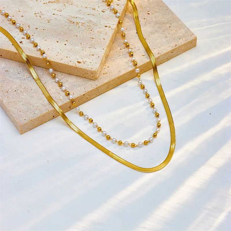 Flat Snake Choker + Beaded Pearl Smyckesset 18K Guldpläterad