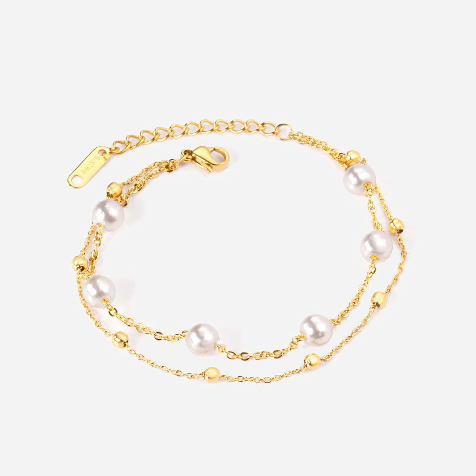 Curb Layer Pearl Chain Armband 18K Guldpläterad