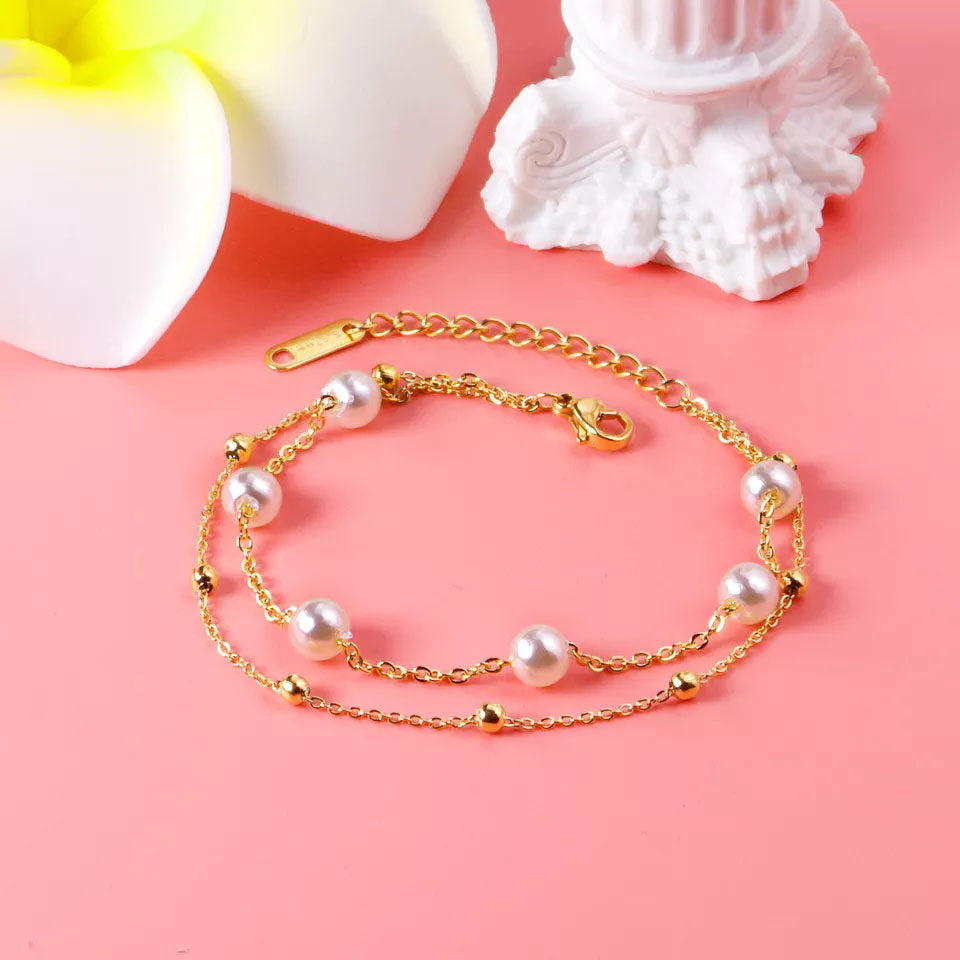 Curb Layer Pearl Chain Armband 18K Guldpläterad